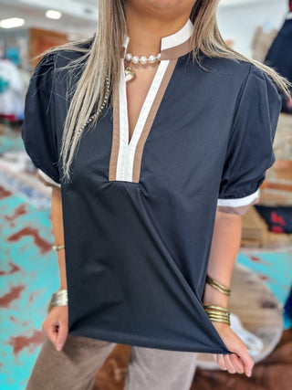 Solid Black Collared Combo Top