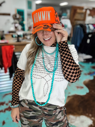 Checkered Mesh Mock Neck Top