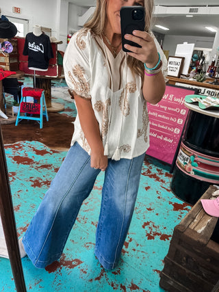 Paisley Embroidered Puff Sleeve Top