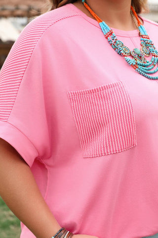 Plus Size Corded Patchwork Pocketed T-Shirt