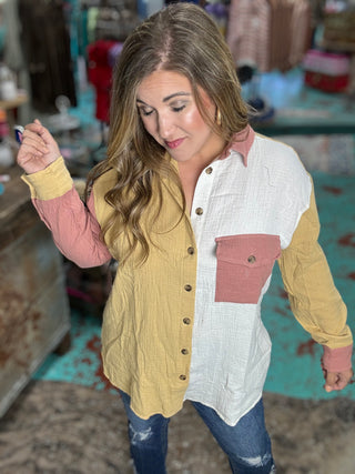 Color Block Button Down Top