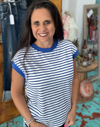 Blue Nautical Cap Sleeve Top