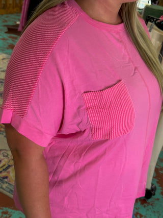 Plus Size Corded Patchwork Pocketed T-Shirt