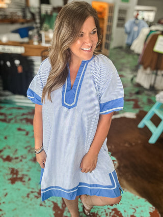 Striped Mixed V-Neck Mini Dress - Blue