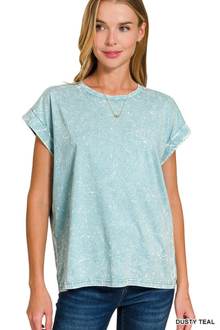 Crinkle Washed Round Neck Folded Short Sleeve Tee