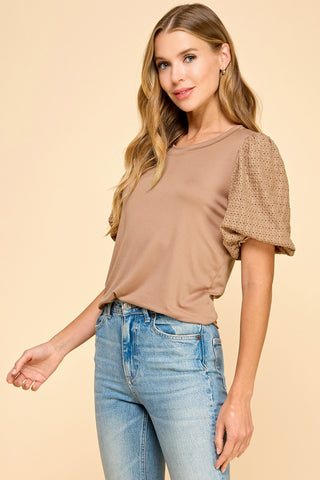 Solid Top With Contrast Puffed Sleeves