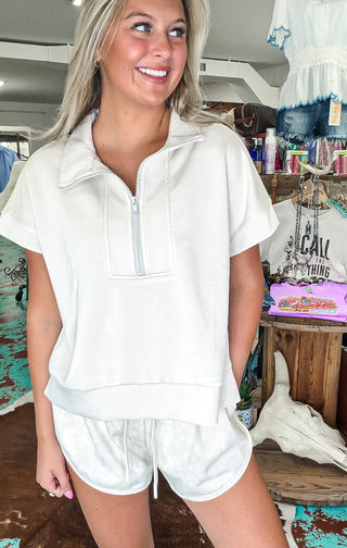 Bone Mineral Washed Scuba Half-zip Top And Shorts Set