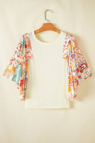 Floral Patchwork Batwing Sleeve Summer Blouse