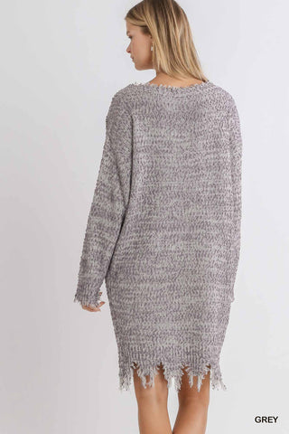 Distressed Boat Neck Long Sleeve Knit Sweater Dress