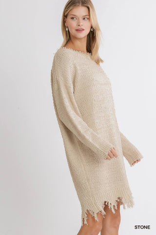 Distressed Boat Neck Long Sleeve Knit Sweater Dress