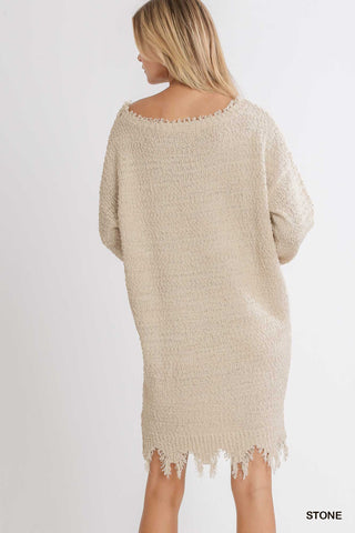 Distressed Boat Neck Long Sleeve Knit Sweater Dress