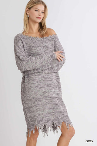 Distressed Boat Neck Long Sleeve Knit Sweater Dress