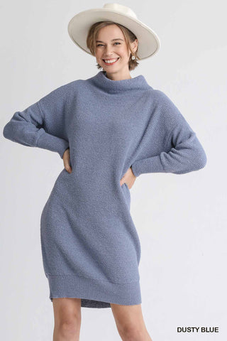 Ribbed Mock Neck Dolman Sleeve Sweater Dress
