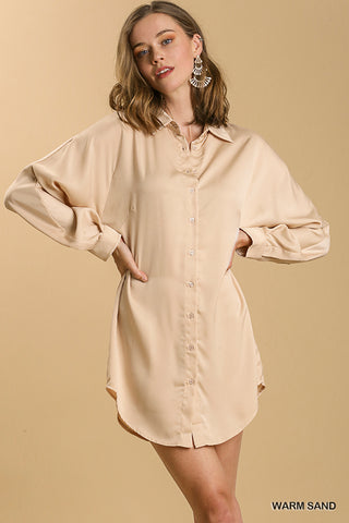 Satin Collar Button Down Tunic Dress