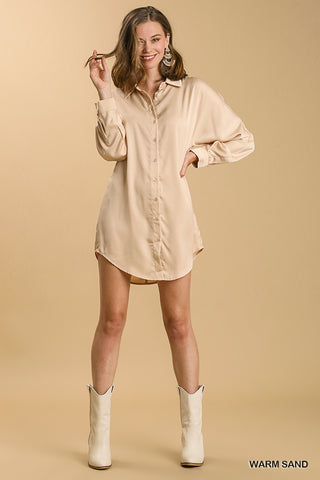 Satin Collar Button Down Tunic Dress