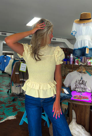 Smocked Solid Collared Blouse Top
