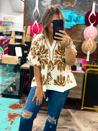 Mix Printed Puff Sleeve Top - Taupe