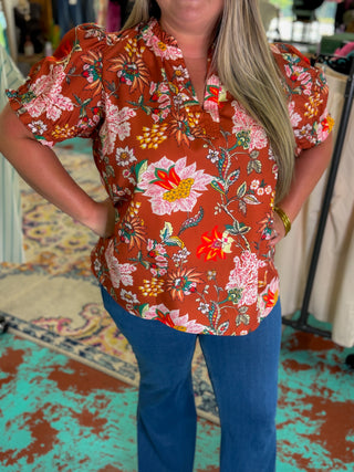 Plus Size Floral Frilled Puff Sleeve Blouse