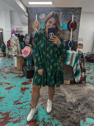 Green Floral Jacquard Ruffle Hem Dress