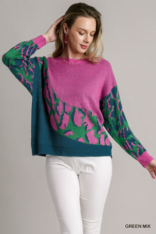 Colorblock Leopard Pullover Sweater