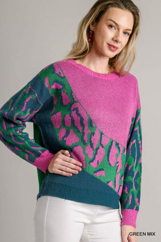 Colorblock Leopard Pullover Sweater