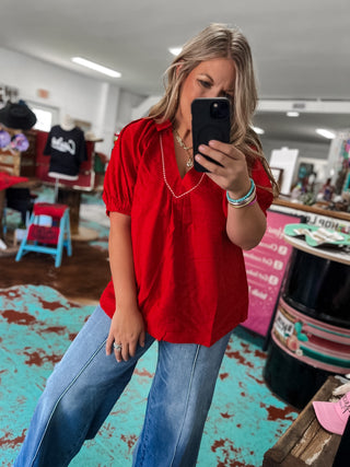 Textured V-Neck Short Sleeve Top