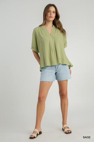Linen Oversized Boxy Cut V-Neck Top