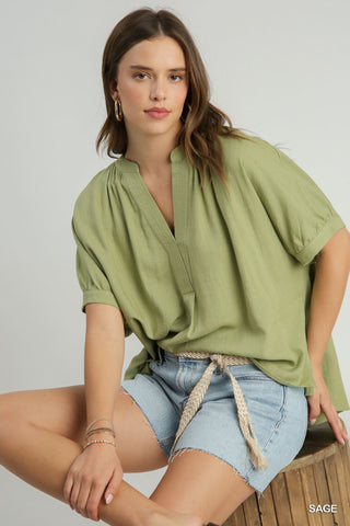 Linen Oversized Boxy Cut V-Neck Top