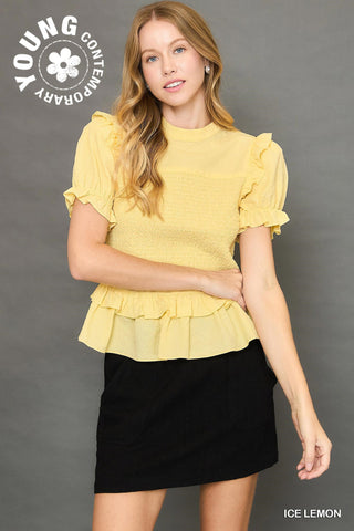 Smocked Solid Collared Blouse Top
