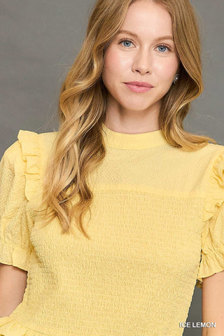 Smocked Solid Collared Blouse Top