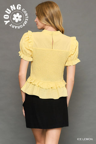 Smocked Solid Collared Blouse Top