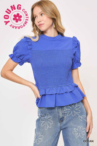 Smocked Solid Collared Blouse Top