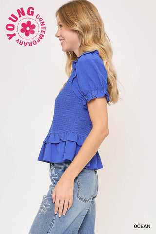 Smocked Solid Collared Blouse Top