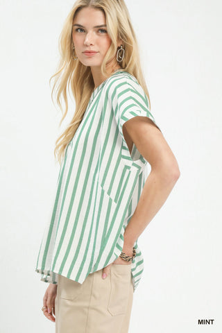 Mixed Stripe Split Neck Oversized Top