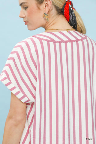 Mixed Stripe Split Neck Oversized Top