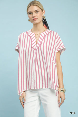 Mixed Stripe Split Neck Oversized Top