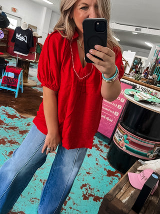 Textured V-Neck Short Sleeve Top