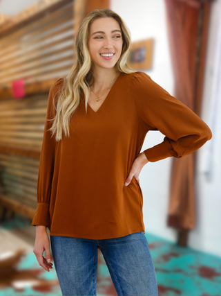 Enjoy This Moment V Neck Blouse In Toffee