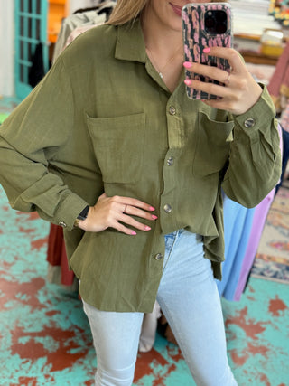 Olive Button Down Woven Top