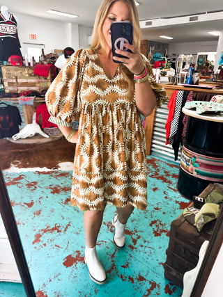Brown Aztec V-neck Dress