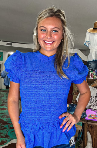 Smocked Solid Collared Blouse Top
