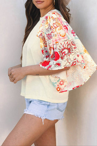 Floral Patchwork Batwing Sleeve Summer Blouse