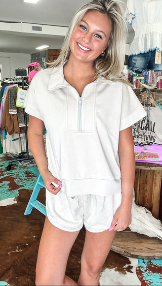 Bone Mineral Washed Scuba Half-zip Top And Shorts Set