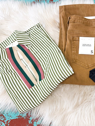 Olive Stripe Collared Combo Top
