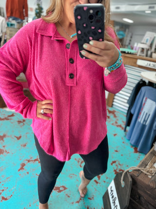 Britt Brushed Button Sweater - Fuchsia