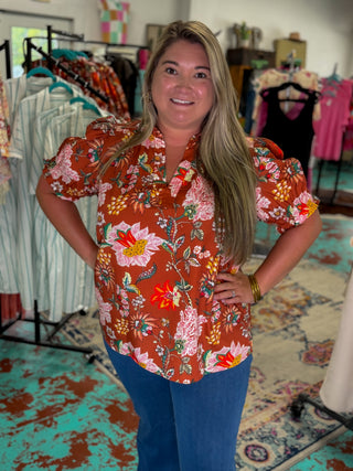 Plus Size Floral Frilled Puff Sleeve Blouse