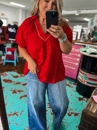 Textured V-Neck Short Sleeve Top