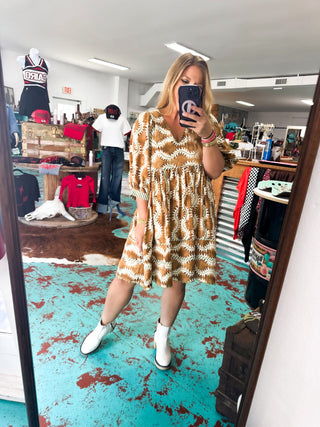 Brown Aztec V-neck Dress