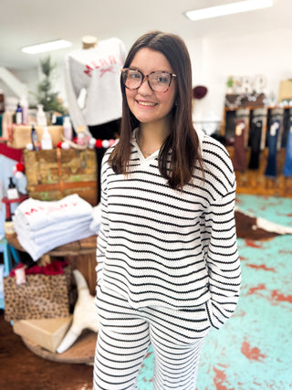 Striped Knit Ribbed Sweater Drawstring Pants Set