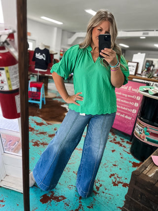 Bubbled Sleeve Seersucker Top - Green